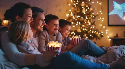 Fototapeta premium Family mother father and children watching projector, TV, and movies with popcorn in the evening at home