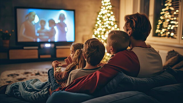 Family Mother Father And Children Watching Projector, TV, And Movies With Popcorn In The Evening At Home