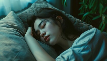 Beautiful young asian woman sleeping on bed in the morning.