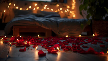a bed with rose petals on the floor and lights
