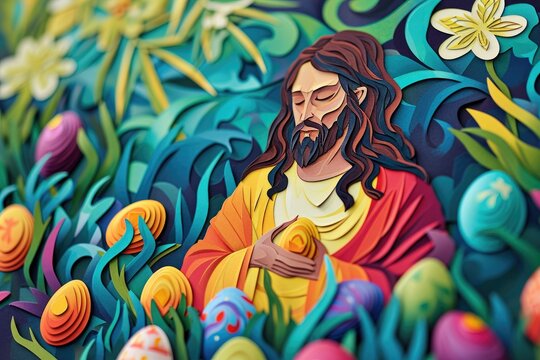 paper cut card jesus with easter eggs . Background with colorful Easter eggs