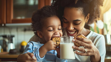 Happy African American family: Mother and little son eat cookies with milk for breakfast at home - obrazy, fototapety, plakaty