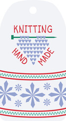 Fototapeta premium Knitting tag design with heart shapes, snowflakes, and text. Craft label for handmade items with winter theme. Crafting, homemade product tag vector illustration.