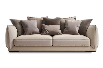 Um sofá bege e cinza com almofadas, fundo branco ou transparente em png