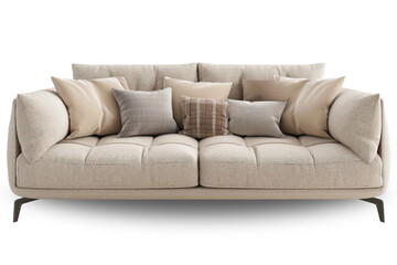 Um sofá bege e cinza com almofadas, fundo branco ou transparente em png