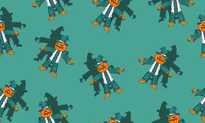 scarecrow and shadow seamless pattern on green background.
