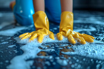 hands of a woman in rubber gloves who cleans the floor with foam, cleaning company employee at work, cleaning agency concept 