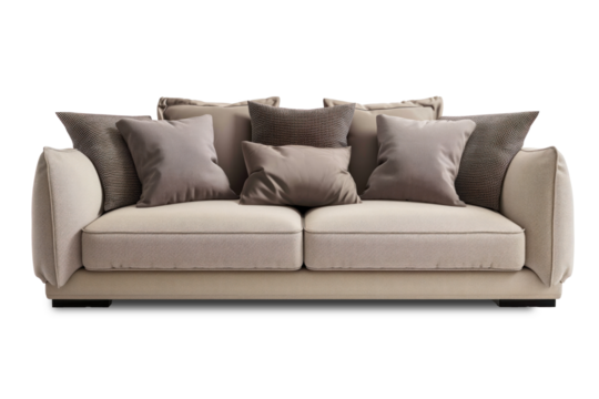 Um sofá bege e cinza com almofadas, fundo branco ou transparente em png