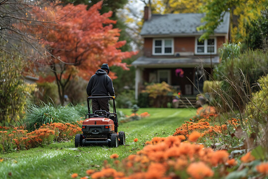 worker mows lawns near customers' houses