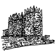Bullock castle in Ireland. Ruins of historical medieval fortress. Hand drawn linear doodle rough sketch. Black and white silhouette.