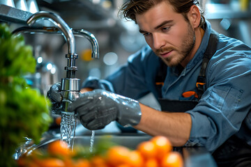 plumber repairs pipes under the sink, using special tools 