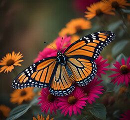 Obraz premium Butterfly on a violet flower. Two monarch butterflies feeding on a pink cone flower. butterfly on flower summer background generatve Ai