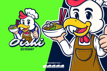 Chicken Chef Mascot Cartoon Logo Holding Ramen