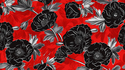 Black Poppies with a Red and Silver Background