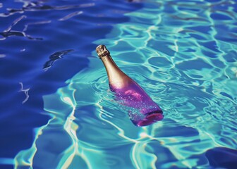 A Floating Bottle of Champagne in a Summer Sunlight Drenched Swimming at Daytime