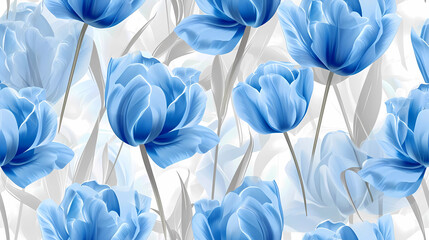 Blue Tulips with a White and Silver Background seamless pattern - obrazy, fototapety, plakaty