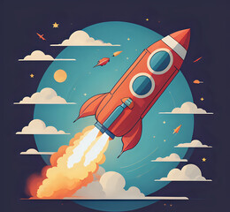 Rocket launch. Background with selective focus and copy space. 3D Rendering Rocket Space Launching Illustration, International Day for Human Space Flight concept. generative Ai