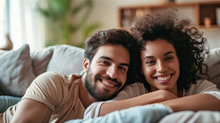 Happy couple lying on sofa together and relaxing at home - obrazy, fototapety, plakaty