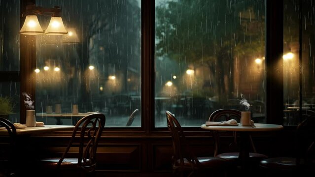 an umbrella over the window of a rainy cafe. dark outside with lights in rainfall. seamless looping overlay 4k virtual video animation background 
