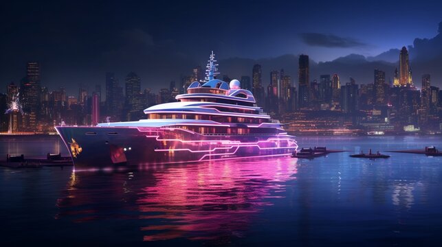 Render a superyacht cruising through a neon-lit cityscape at night, showcasing its opulence against the urban backdrop.