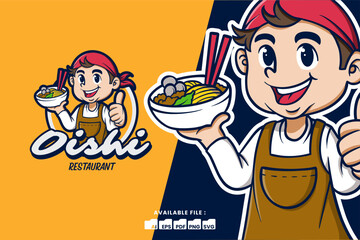 cute man Chef Mascot Cartoon Logo Holding Ramen