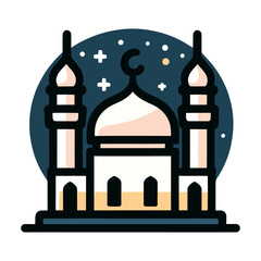 A line art illustration of a mosque with a crescent moon and a minaret. The mosque is simple in design, with a single dome and two minarets. The crescent moon is a symbol of Islam, and the minaret is 