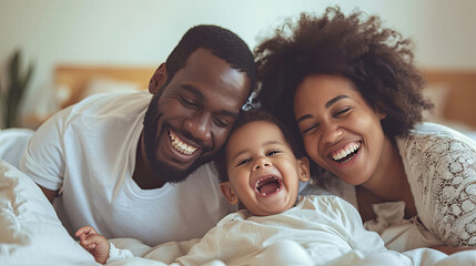 Happy family multi-ethnic mother, father and son laughing, playing, and tickles in bed in bedroom at home
