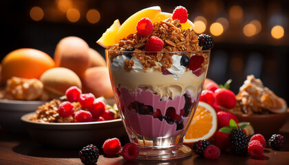 Freshness of berries, yogurt, and granola create a healthy indulgence generated by AI
