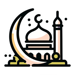 A line art illustration of a mosque with a crescent moon and a minaret. The mosque is simple in design, with a single dome and two minarets. The crescent moon is a symbol of Islam, and the minaret is 