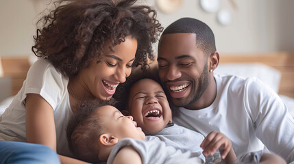 Happy family multi-ethnic mother, father and son laughing, playing, and tickles in bed in bedroom at home - obrazy, fototapety, plakaty