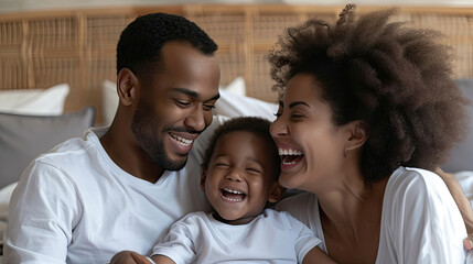Fototapeta premium Happy family multi-ethnic mother, father and son laughing, playing, and tickles in bed in bedroom at home