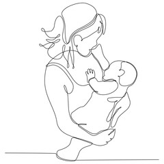 a continuous line drawn silhouette image of a breastfeeding woman drawn by a child. line art. mother character feeding newborn baby