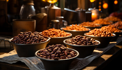 Dark coffee beans, freshness in a close up, indoors at coffee shop generated by AI