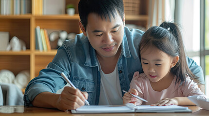 Happy family father helping to teach young little girl daughter using touchscreen tablet computer and notebook writing doing homework on working desk in the living room at home.