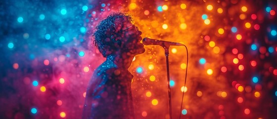 An image of a man singing while holding a microphone among neon lights - Powered by Adobe