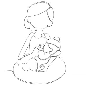 a continuous line drawn silhouette image of a breastfeeding woman drawn by a child. line art. mother character feeding newborn baby