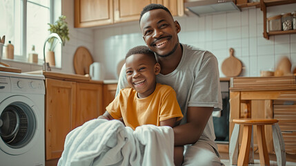 Optimistic black family father and happy son in casual clothes smiling and covering themselves with towel while sitting on floor and doing laundry in kitchen at home