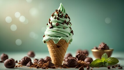 Mint chocolate chip gelato cone in studio lighting and background, cinematic food photography, ice cream