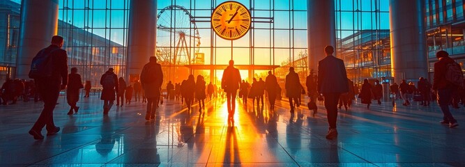 People strolling in a business setting with a time clock superimposed