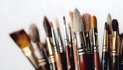 Composition of painting brushes on white background with copy space - obrazy, fototapety, plakaty