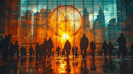 People strolling in a business setting with a time clock superimposed - obrazy, fototapety, plakaty