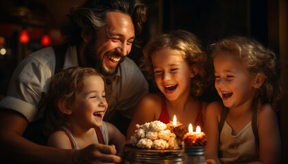 Fototapeta premium A happy family celebrating a birthday, enjoying food and laughter generated by AI