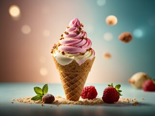 Italian gelato in waffle cone, studio lighting and background, cinematic food photography, ice cream