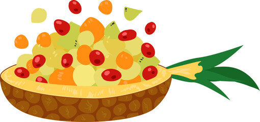 Colorful fruit salad in pineapple bowl with mixed berries, citrus pieces. Healthy summer dessert with fresh ingredients. Tropical fruit salad, nutritious snack vector illustration.