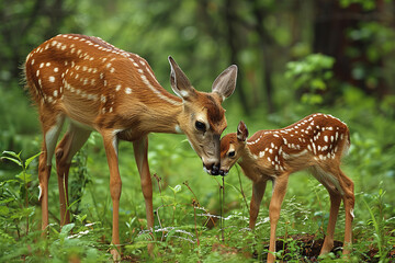 Naklejka na ściany i meble A deer and a fawn are next to each other in the forest.
