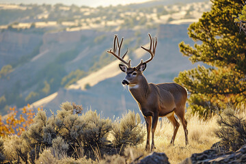A majestic male mule deer with prominent antlers.