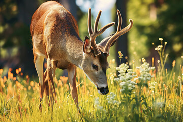 a mule deer grazing peacefully in a meadow - obrazy, fototapety, plakaty
