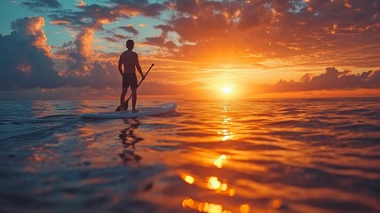 A man is stand-up paddling.