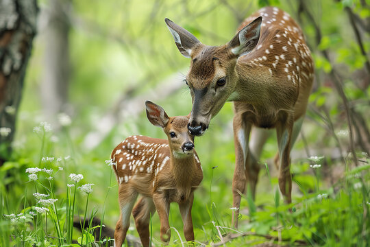 A deer and a fawn are next to each other in the forest.