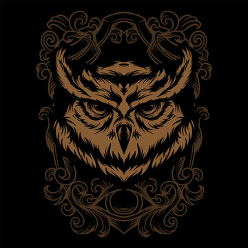 Owl Head Illustration with engraving ornament